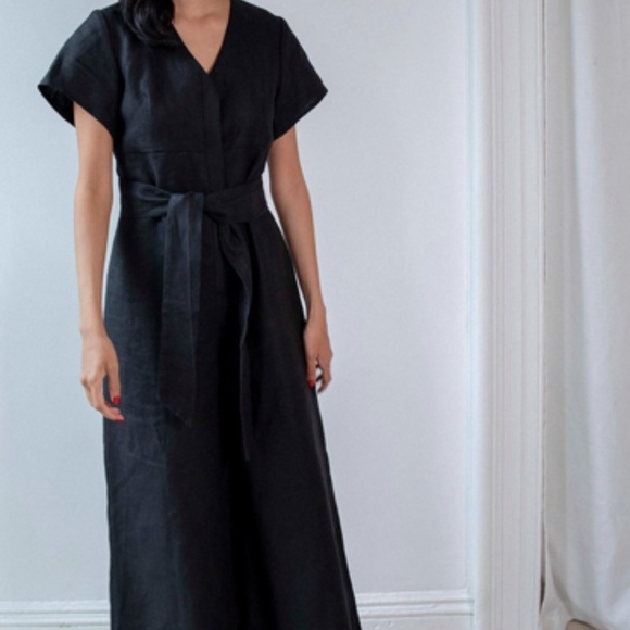 No. 6 Black Miriam V Neck Short sleeve Linen Jumpsuit - Picture 3 of 10